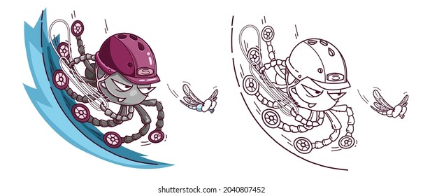Cute cartoon spider on roller skates chasing a dragonfly. Coloring book or pages