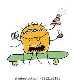 Cute cartoon spider on a skateboard. Drawn by hand.
