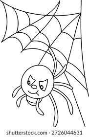 Cute Cartoon Spider Weaving a Web - Coloring Page Illustration for Kids
