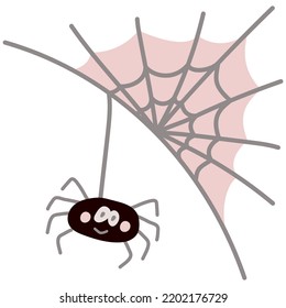 Cute cartoon spider with web for Halloween holiday. Single design graphic element. Vector Illustration isolated on white background.
