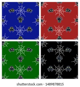 cute cartoon spiders different backgrounds scary seamless patterns set, for halloween wrapping paper or kids fabric, textile and decoration, editable vector illustration