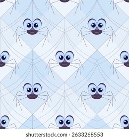 Cute Cartoon Spiders on Webs Vector Seamless Pattern
