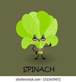 Cute cartoon spinach or salad. Tasty and healthy vegetables. Vegan character with eyes and a smile. Dark background