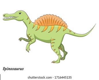 Cute cartoon spinosaurus dino character. Vector isolated dinosaur in bright colors. illustration for kids book, app, advertisement design, label or sticker.