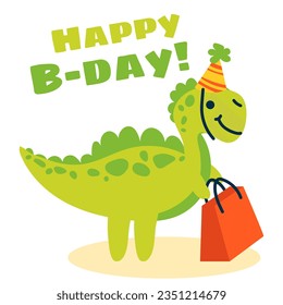 Cute cartoon spinosaurus in a festive hat and a package of gifts. A flat illustration of a children's festive dinosaur. Happy birthday concept. Vector animal character is perfect for greeting cards