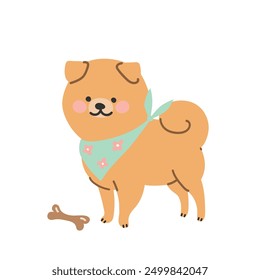 Cute cartoon spitz with a bandana on his neck guards a bone. Vector illustration in flat style