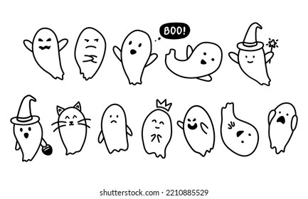 Cute cartoon spooky ghosts set isolated on white background