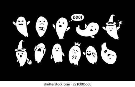 Cute cartoon spooky ghosts set isolated on black background