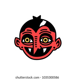 Cute, cartoon, spooky, terrible face of vampire character in costume. Red color, vector, isolated.