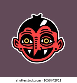 Cute, cartoon, spooky, terrible face of vampire character in costume. White outline, vector, isolated. Purple background