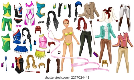 Cute Cartoon Sports Paper Doll with Gymnastics, Swimming and Horse Riding Outfits, Hairstyles and Accessories. Vector Illustration