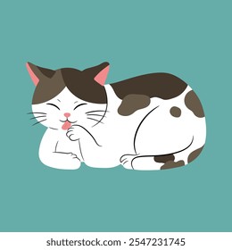 Lindo gato de dibujos animados moteado lamiendo su pata. Gato en una pose sentada en el suelo. Feliz mascota casera. Ilustración plana de Vector aislado de fondo.