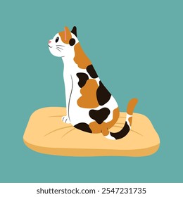 Cute cartoon spotted cat sitting on a pillow. Happy home pet. Vector flat illustration isolated from background.