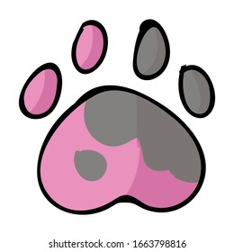 Cute cartoon spotted dog paw print vector clipart. Wildlife animal foot print for dog lovers. Stylized fun kids nature trail. Illustration mark. Isolated claw walking print. EPS 10. 