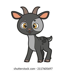 Cute cartoon spotted goatling outlined for coloring page on white background