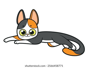 Cute cartoon spotted kitten lying stretched out to his full height lucky three-suit color on white background. Image produced without the use of any form of AI software at any stage.