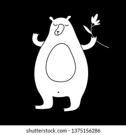 Cute cartoon spring bear drawing with sweet bear holding a flower. Funny vector black and white spring bear drawing. Isolated monochrome spring bear drawing on black background.