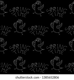 Cute cartoon spring bird background with hand drawn dancing birds. Sweet vector black and white spring bird background. Seamless monochrome doodle spring bird background for textile and wrapping.