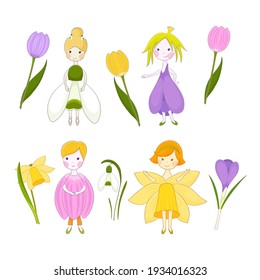 Cute Cartoon Frühlingsfeen und Blumen Sammlung. Blumenelf-Zeichen. Wald- und Gartenwesen.