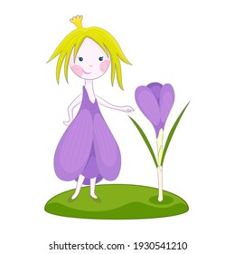 Cute Cartoon Frühlingsmärchen mit Krokusblume. Fairytail-Charakter. Wald- und Gartenkreatur.