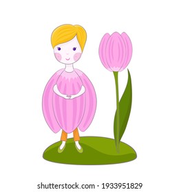 Cute Cartoon Frühlingsmärchen mit Tulpenblume. Fairytail-Charakter. Wald- und Gartenkreatur.