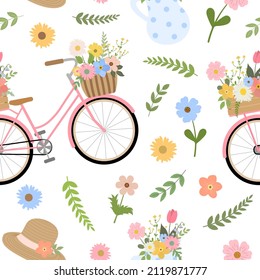 Cute cartoon spring floral bicycle, a pitcher with flowers and branches, hat. Isolated on white background. Botanical garden print for textile design, cards.