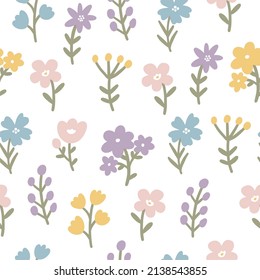 Cute cartoon spring flowers. Awesome vector print and seamless pattern	
