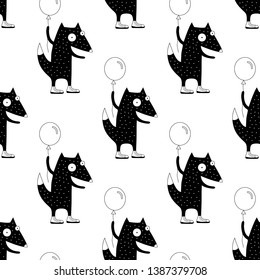 Cute cartoon spring fox background with happy fox holding a balloon. Sweet vector black and white spring fox background. Seamless monochrome doodle spring fox background for textile, wrapping and web.