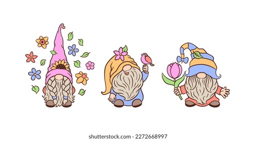 Cute cartoon spring garden gnomes with a tulip flower, bird, sunflower. Scandinavian gnomes funny character design. Isolated on white background. For Easter or mothers day greeting card, poster, etc.