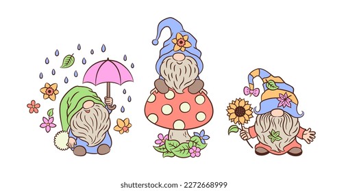Cute caricatura del jardín primaveral gnomes con paraguas, girasol, sentado en una taburete. Los gnomos escandinavos son graciosos personajes aislados en blanco. Para la Semana Santa o la tarjeta de saludo del día de la madre, afiche, cartel, etc.