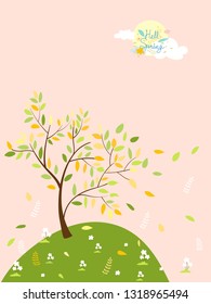 Cute cartoon Spring landscape with copy space, Vector Hello Spring on green field with leaves falling from tree in pastel colour, Spring or Summer time banner, Card background  