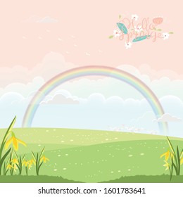 Cute cartoon Spring landscape with copy space, Vector Hello Spring on green field with rainbow and clouds in pastel colour, Spring or Summer time banner or greeting Card 