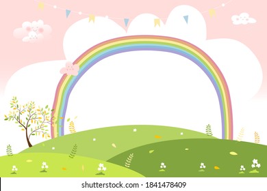 Cute cartoon Spring landscape with copy space, Vector summer green field with rainbow pastel colour and pink sky,Spring or Summer background, Banner template for Easter greeting card