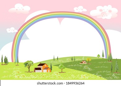 Cute cartoon Spring landscape with copy space, Vector summer green field with rainbow pastel colour and pink sky,Spring or Summer background, Banner template for Easter greeting card