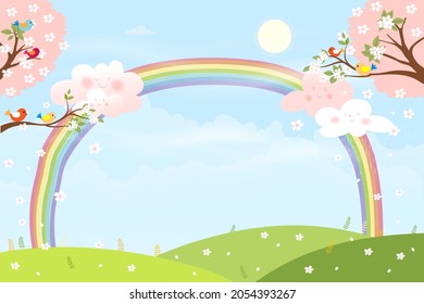 Cute cartoon Spring landscape with sherry blossom,Vector summer green field with rainbow colour,blue sky and pink cloud,Spring or Summer background,illustraion Banner template for Easter greeting card