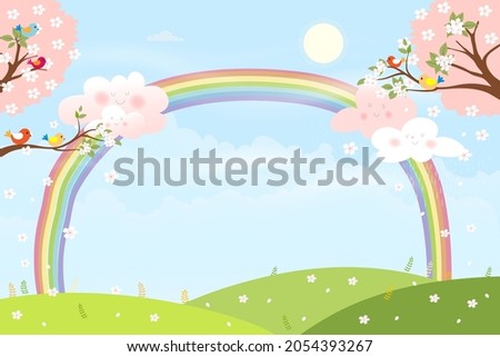 Cute cartoon Spring landscape with sherry blossom,Vector summer green field with rainbow colour,blue sky and pink cloud,Spring or Summer background,illustraion Banner template for Easter greeting card