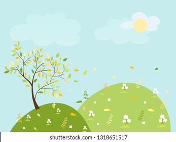 Cute cartoon Spring landscape with tree and leaves falling,  Vector spring tree with leaves flying in colour pastel,  Spring or Summer time banner with copy space, Holiday card background  