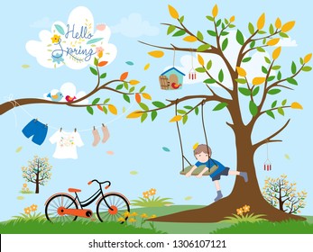 Cute cartoon Spring landscape with vintage bike and little boy playing swing under the tree, Vector spring tree with kids clothes hanging and family birds on spring trees, Spring or Summer background