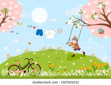 Cute cartoon Spring landscape with vintage bike and little boy playing swing under the tree, Vector spring tree with kids clothes hanging and family birds on spring trees, Spring or Summer background