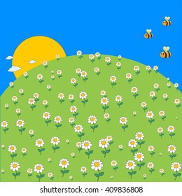 Cute cartoon spring meadow with daisy flowers and flying bee. Spring or summer concept.