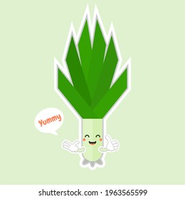 Cute cartoon spring onion with face. Funny illustration of a happy vegetable. Vector scallions character and hand lettering. Childish style design, positive poster, shirt, card, wall print