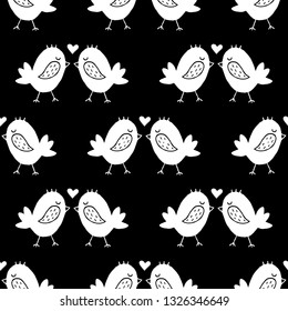 Cute cartoon spring pattern with hand drawn kissing birds. Sweet vector black and white spring pattern. Seamless monochrome doodle spring pattern for textile, wallpapers, wrapping and cards.