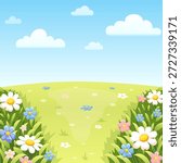 Cute Cartoon Spring and Summer Landscape. Vector Illustration with Pink,White and blue Flowers, Green Grass, and Blue Sky with White Clouds.