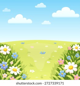Cute Cartoon Spring and Summer Landscape. Vector Illustration with Pink,White and blue Flowers, Green Grass, and Blue Sky with White Clouds.