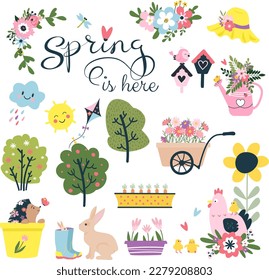 Cute cartoon springtime items such as flowers, gardening tools, and animals with text - spring is here