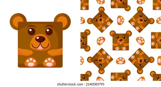 Cute cartoon square animal bear face, vector zoo sticker isolated on white background. 