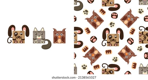Cute cartoon square animal dog, cat, owl face, vector zoo sticker isolated on white background.