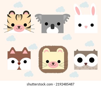Cute cartoon square animal faces illustration vector: tiger, koala, rabbitbunny, fox, lion, and owl face. Design for kids illustration.