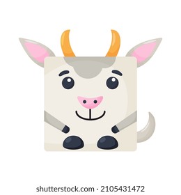 Cute cartoon square animal goat face, vector zoo sticker isolated on white background.