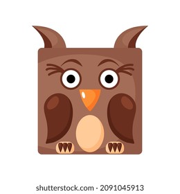 Cute cartoon square animal owl face, vector zoo sticker isolated on white background.